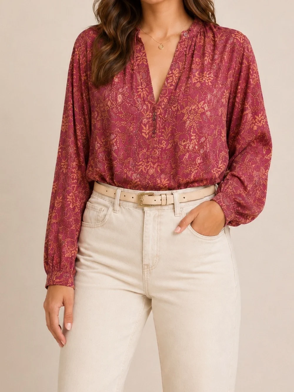 Free People Mia Long Sleeve Tunic Blouse in Rouge Combo